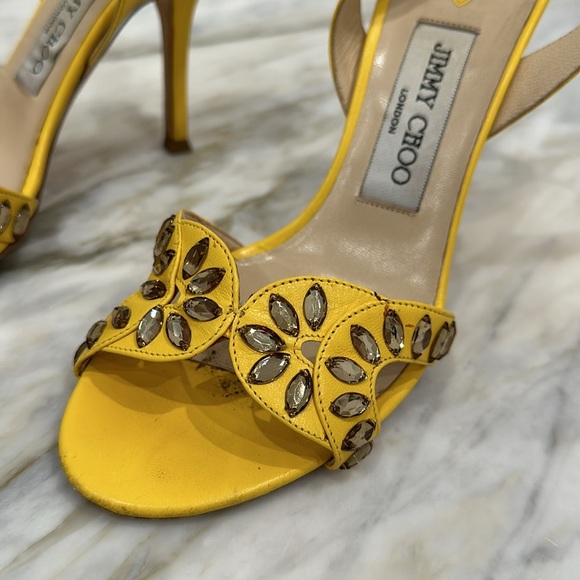 JIMMY CHOO YELLOW KID LEATHER RUMER GLASS DROPS SLING 36 1/2 6.5 - Picture 2 of 7